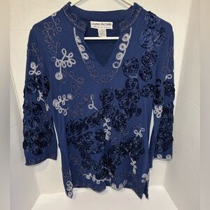 Lauren Michelle Navy Embellished Tunic Top Size Small Three Quarter Sleeves